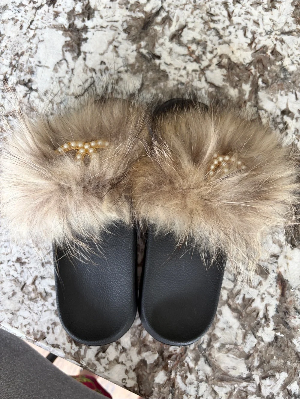 Faux-Fur Pearl-Embellished Slide Sandal - Tan/Beige